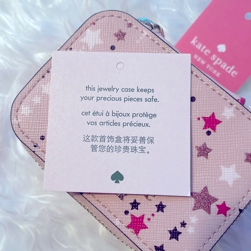 Brand New Kate Spade Genuine Leather Pink Stars Zippered Travel Jewelry Box